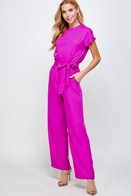 SOLID WOVEN BELTED JUMPSUIT