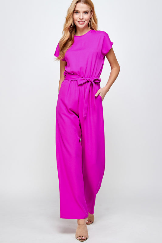 SOLID WOVEN BELTED JUMPSUIT