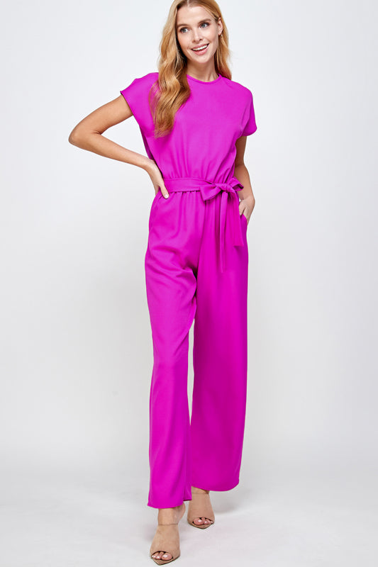 SOLID WOVEN BELTED JUMPSUIT