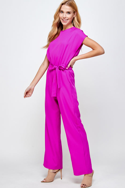 SOLID WOVEN BELTED JUMPSUIT