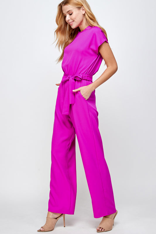 SOLID WOVEN BELTED JUMPSUIT