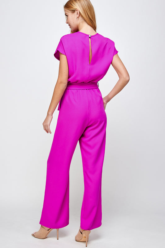 SOLID WOVEN BELTED JUMPSUIT