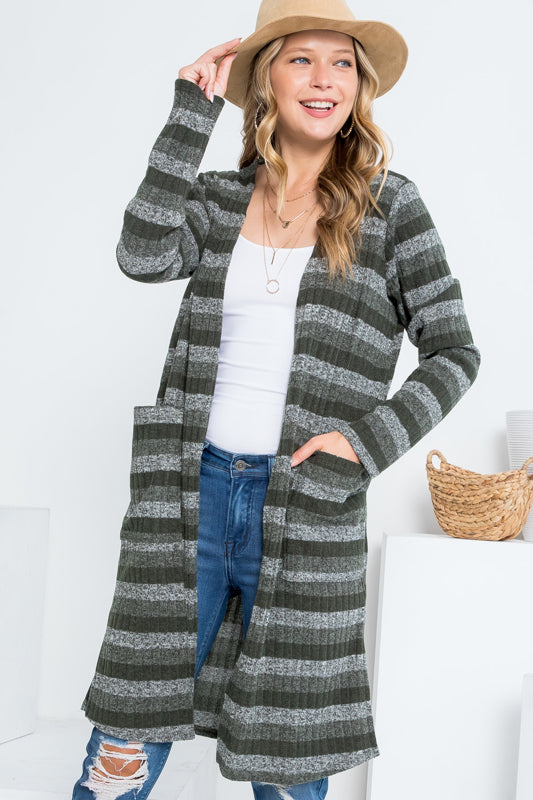 STRIPE POCKET LONG SLEEVE CARDIGAN