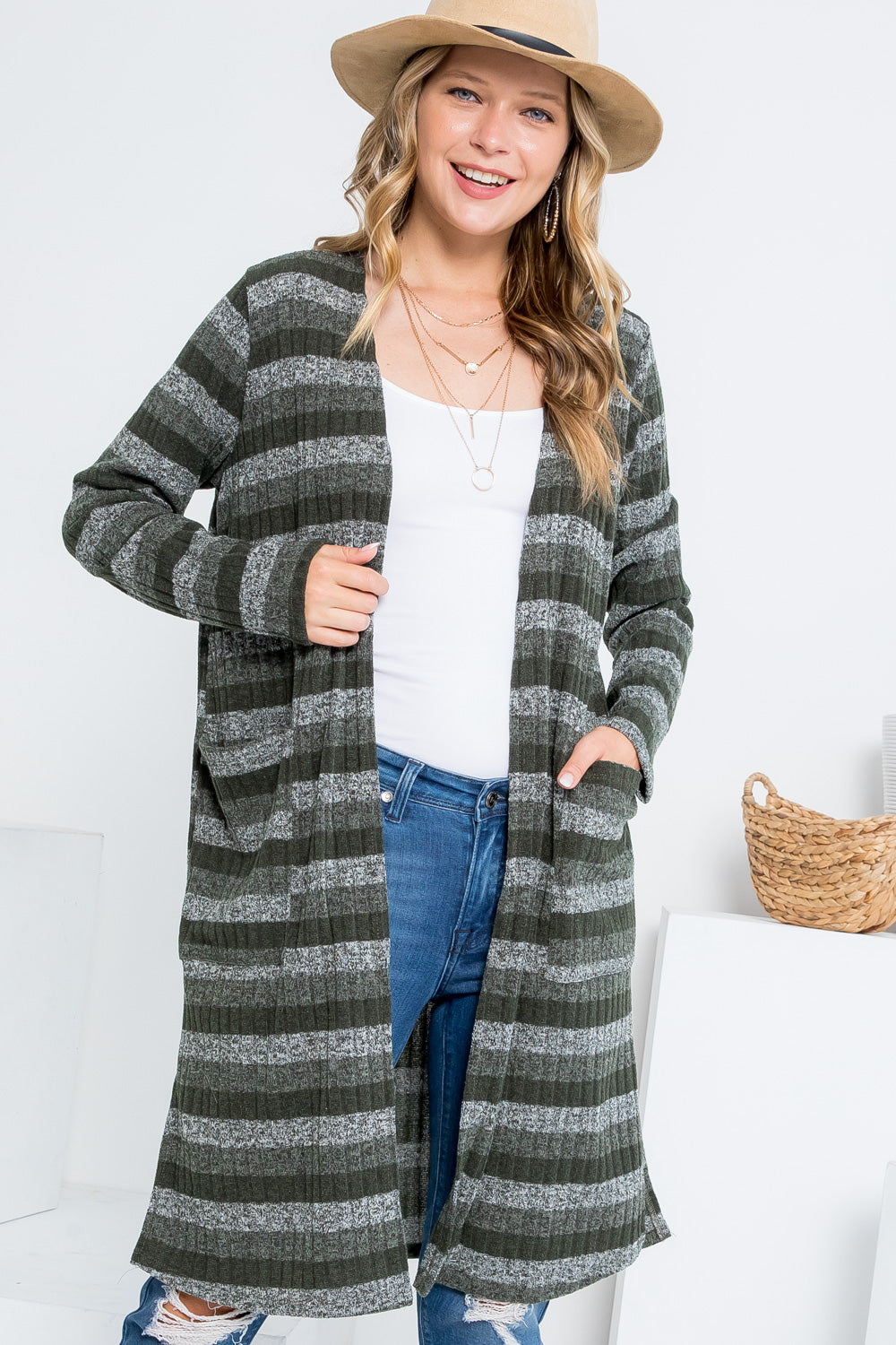 STRIPE POCKET LONG SLEEVE CARDIGAN