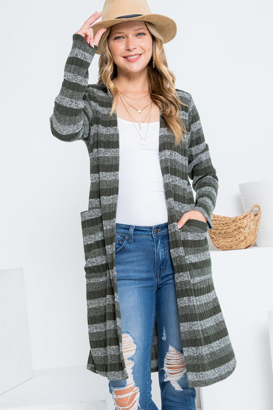 STRIPE POCKET LONG SLEEVE CARDIGAN