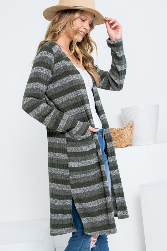 STRIPE POCKET LONG SLEEVE CARDIGAN