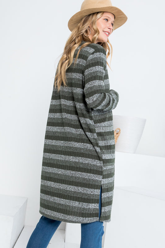 STRIPE POCKET LONG SLEEVE CARDIGAN