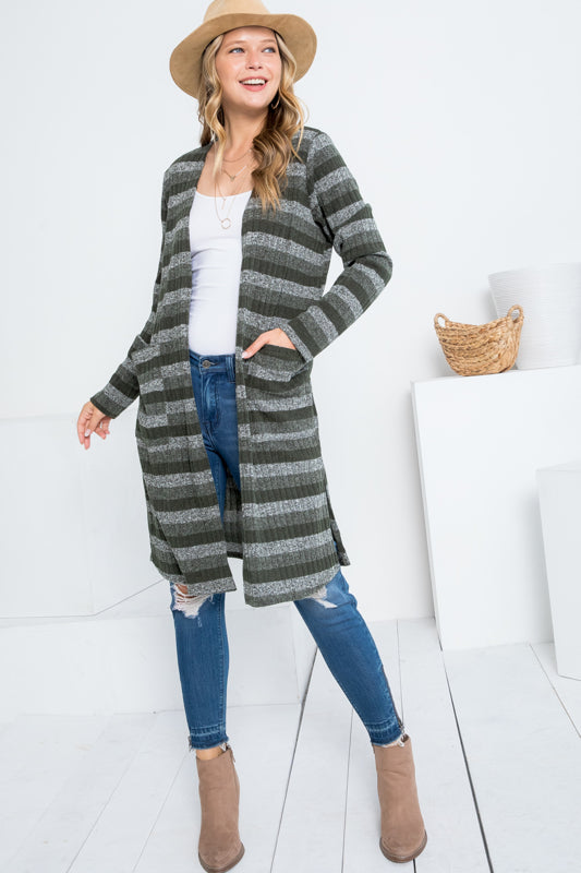 STRIPE POCKET LONG SLEEVE CARDIGAN