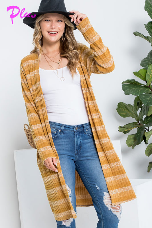 PLUS STRIPE POCKET LONG SLEEVE CARDIGAN