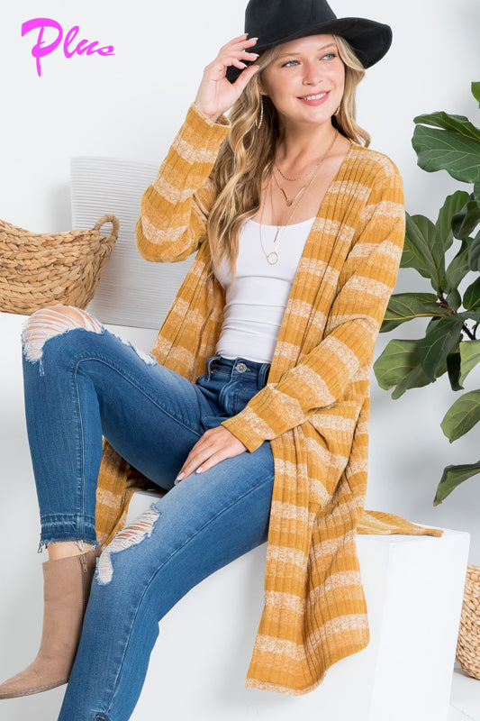 PLUS STRIPE POCKET LONG SLEEVE CARDIGAN