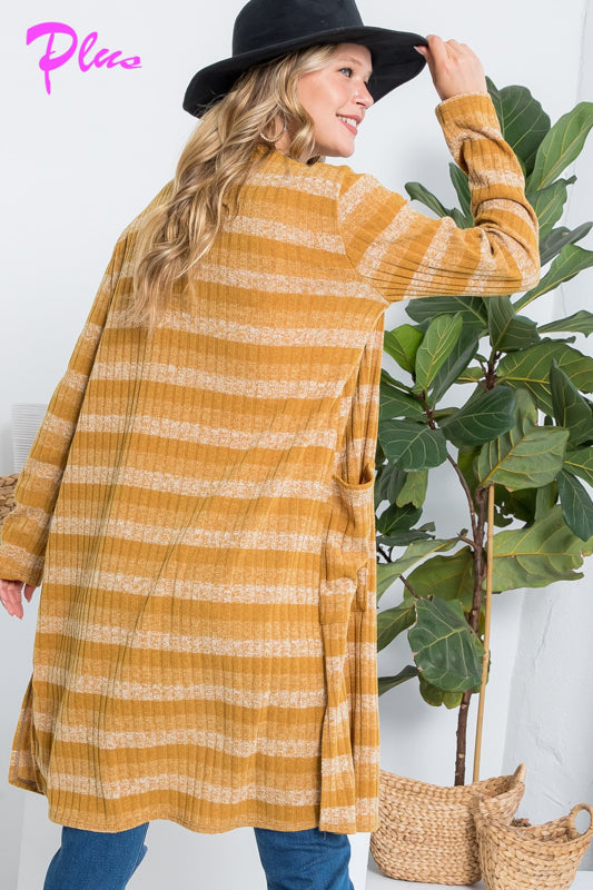 PLUS STRIPE POCKET LONG SLEEVE CARDIGAN