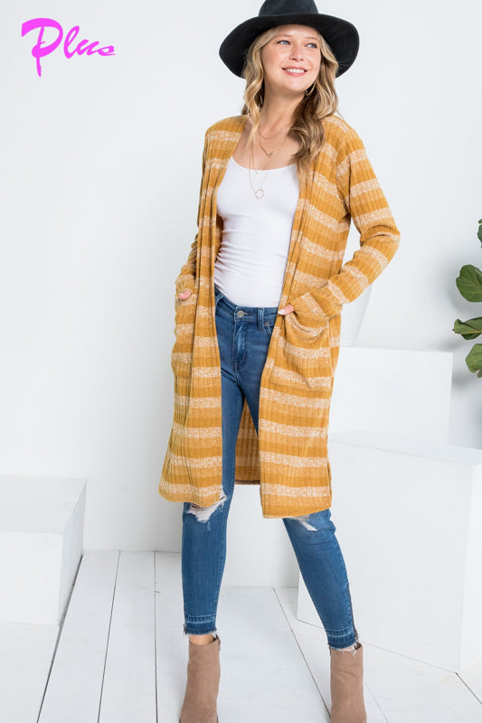 PLUS STRIPE POCKET LONG SLEEVE CARDIGAN