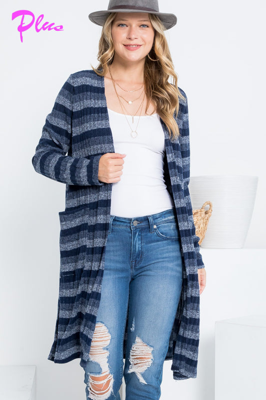 PLUS STRIPE POCKET LONG SLEEVE CARDIGAN