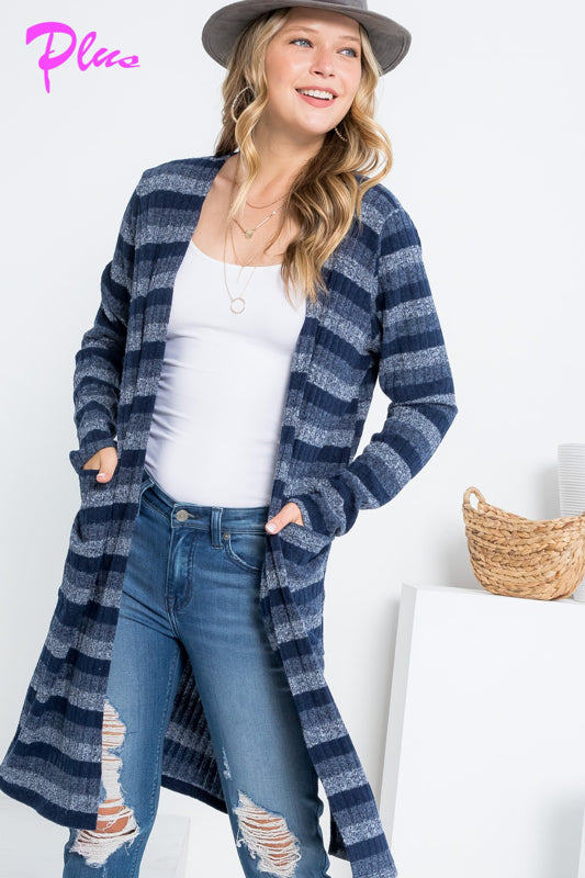 PLUS STRIPE POCKET LONG SLEEVE CARDIGAN