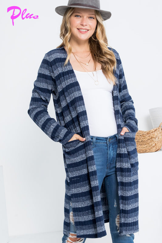 PLUS STRIPE POCKET LONG SLEEVE CARDIGAN