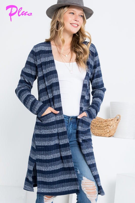 PLUS STRIPE POCKET LONG SLEEVE CARDIGAN