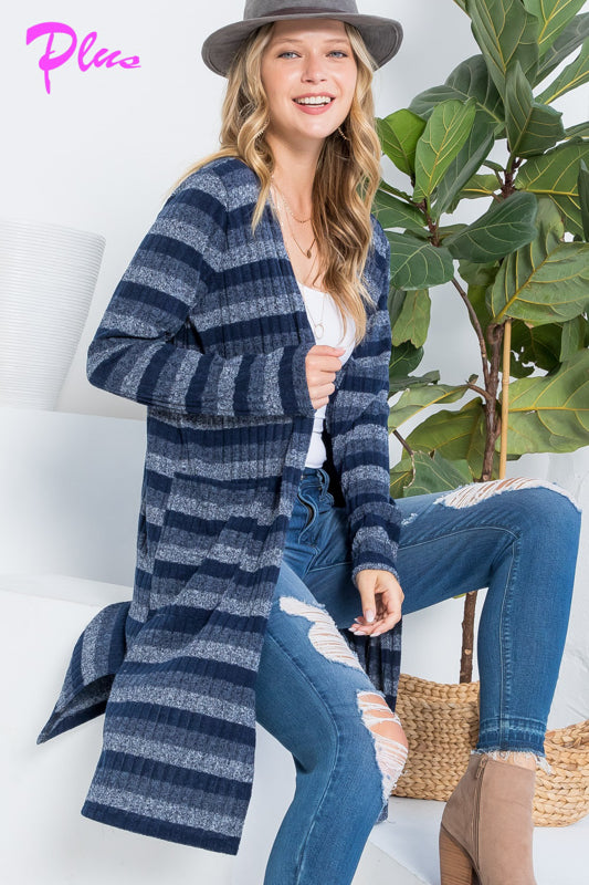 PLUS STRIPE POCKET LONG SLEEVE CARDIGAN