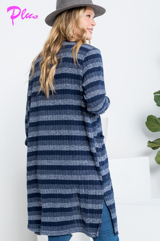 PLUS STRIPE POCKET LONG SLEEVE CARDIGAN