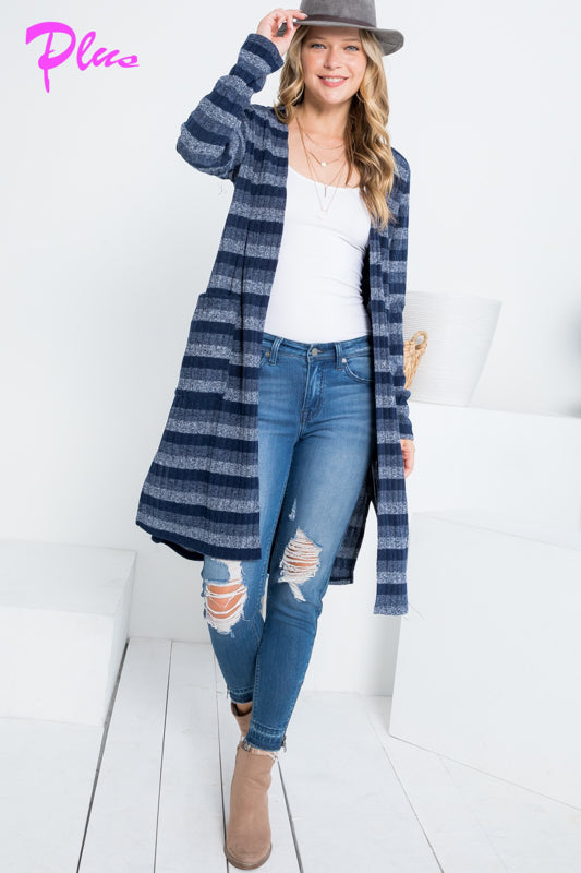 PLUS STRIPE POCKET LONG SLEEVE CARDIGAN