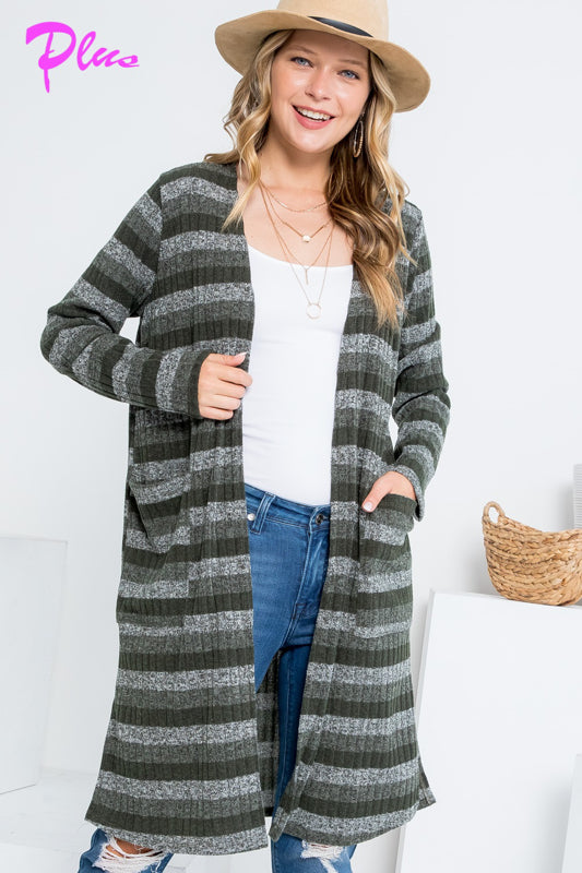 PLUS STRIPE POCKET LONG SLEEVE CARDIGAN