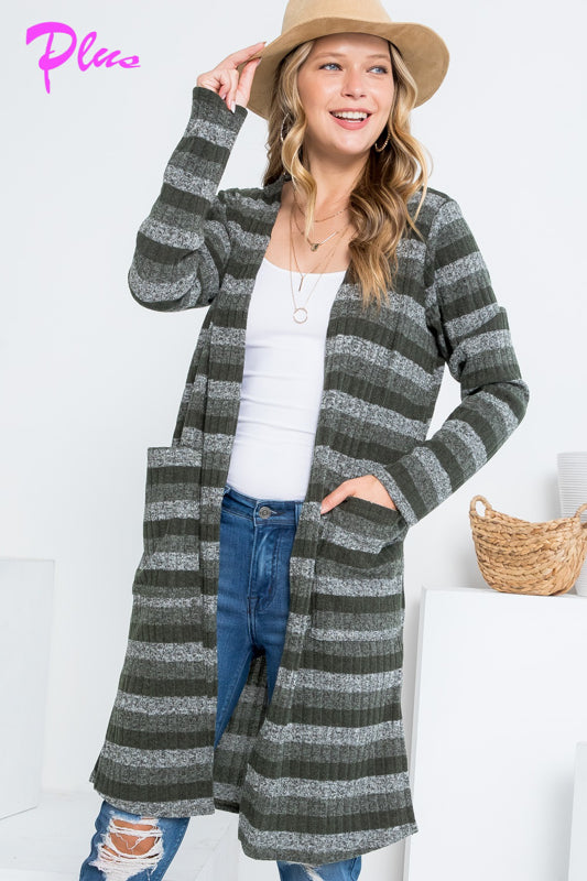 PLUS STRIPE POCKET LONG SLEEVE CARDIGAN