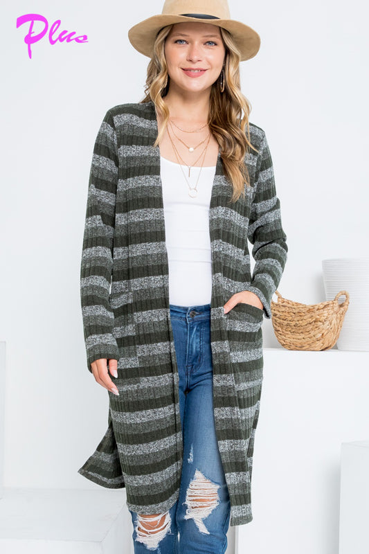 PLUS STRIPE POCKET LONG SLEEVE CARDIGAN