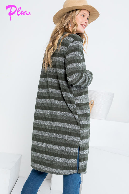 PLUS STRIPE POCKET LONG SLEEVE CARDIGAN