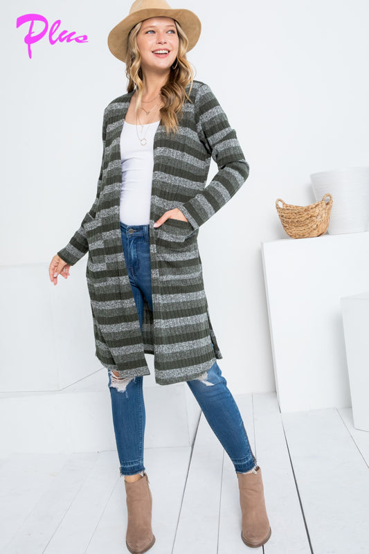 PLUS STRIPE POCKET LONG SLEEVE CARDIGAN