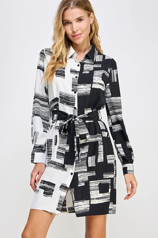 PRINTED WOVEN BUTTON DOWN BELTED WAIST SHIRT DRESS