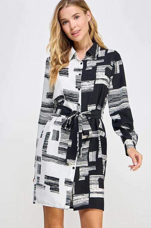 PRINTED WOVEN BUTTON DOWN BELTED WAIST SHIRT DRESS