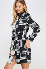 PRINTED WOVEN BUTTON DOWN BELTED WAIST SHIRT DRESS