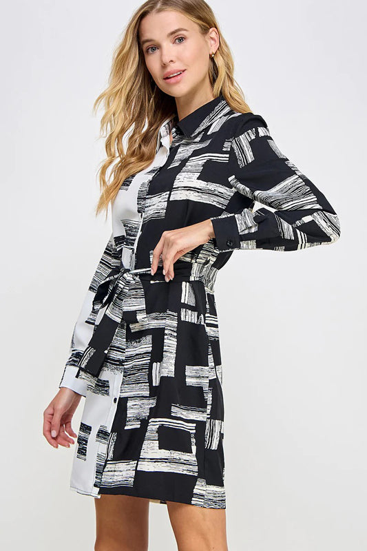 PRINTED WOVEN BUTTON DOWN BELTED WAIST SHIRT DRESS