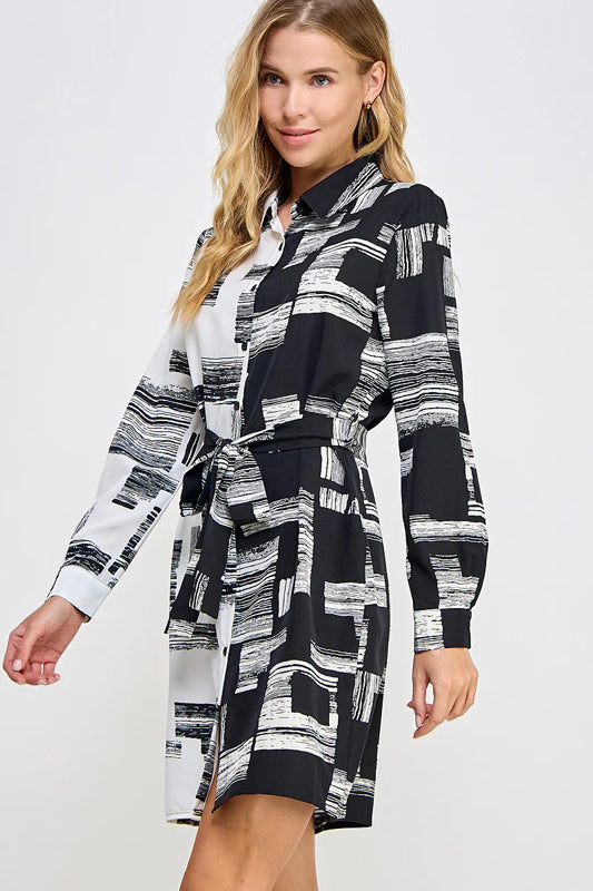 PRINTED WOVEN BUTTON DOWN BELTED WAIST SHIRT DRESS