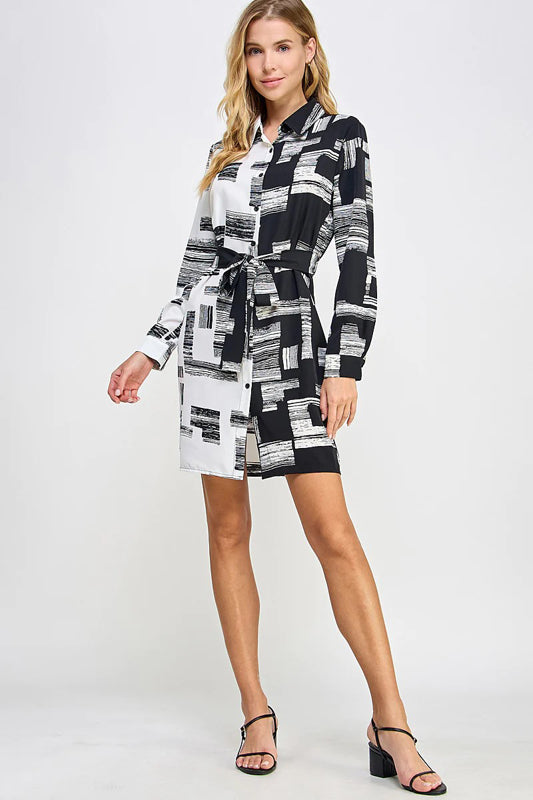 PRINTED WOVEN BUTTON DOWN BELTED WAIST SHIRT DRESS