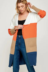 SOFT RIBBED KNIT COLOR BLOCK BASIC CARDIGAN