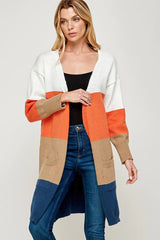 SOFT RIBBED KNIT COLOR BLOCK BASIC CARDIGAN