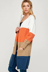 SOFT RIBBED KNIT COLOR BLOCK BASIC CARDIGAN