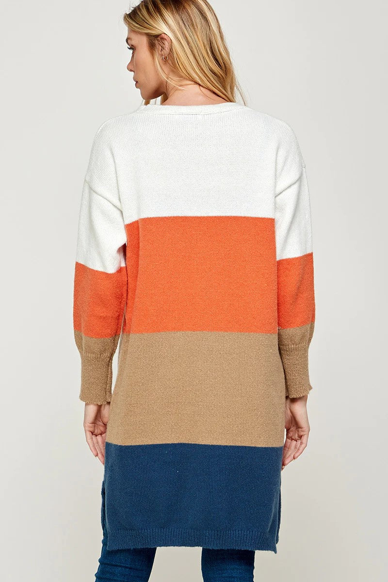 SOFT RIBBED KNIT COLOR BLOCK BASIC CARDIGAN