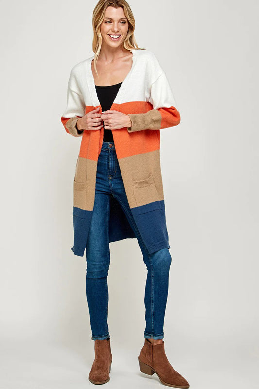 SOFT RIBBED KNIT COLOR BLOCK BASIC CARDIGAN