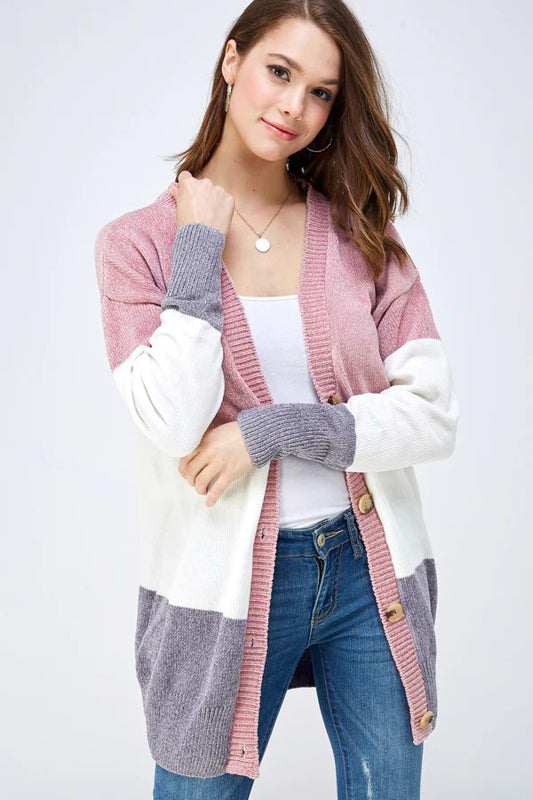 COZY KNIT COLOR BLOCK BUTTON DOWN SWEATER CARDIGAN