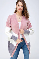 COZY KNIT COLOR BLOCK BUTTON DOWN SWEATER CARDIGAN