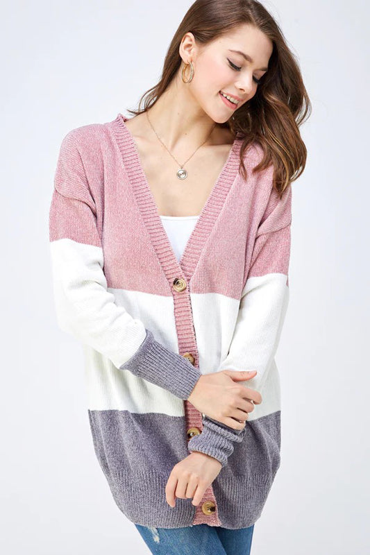 COZY KNIT COLOR BLOCK BUTTON DOWN SWEATER CARDIGAN