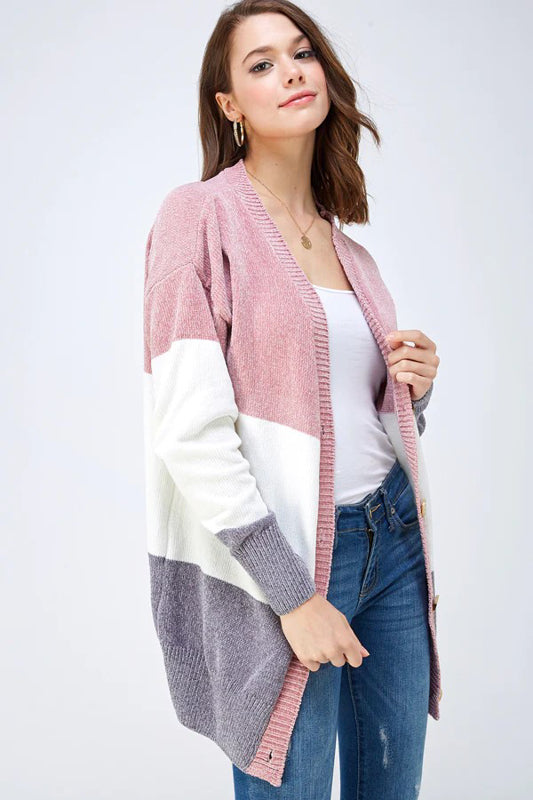 COZY KNIT COLOR BLOCK BUTTON DOWN SWEATER CARDIGAN