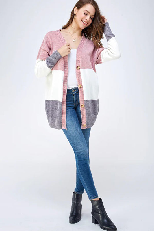 COZY KNIT COLOR BLOCK BUTTON DOWN SWEATER CARDIGAN