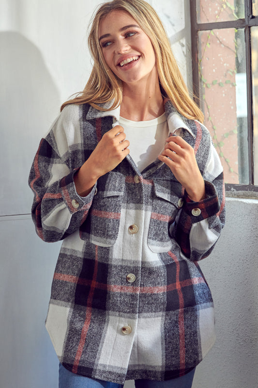 COZY PLAID PATTERN BUTTON DOWN SHACKET