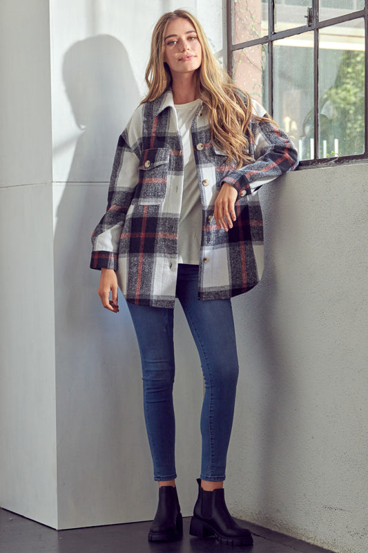 COZY PLAID PATTERN BUTTON DOWN SHACKET