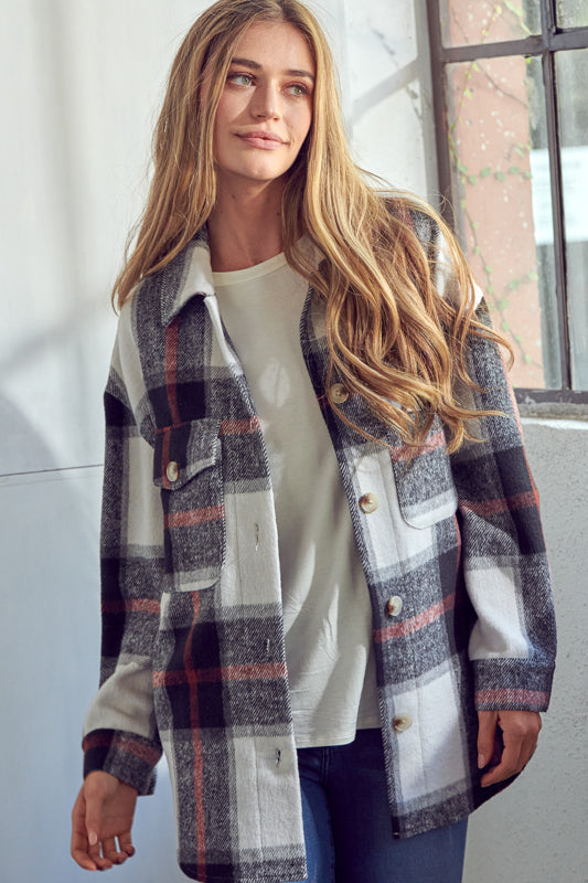 COZY PLAID PATTERN BUTTON DOWN SHACKET