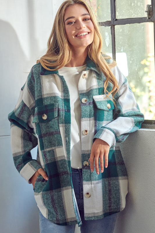 COZY PLAID PATTERN BUTTON DOWN SHACKET