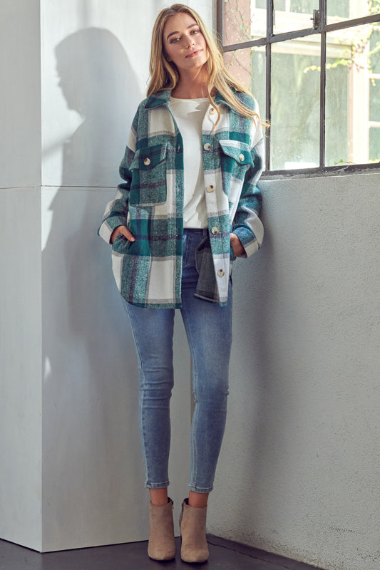 COZY PLAID PATTERN BUTTON DOWN SHACKET