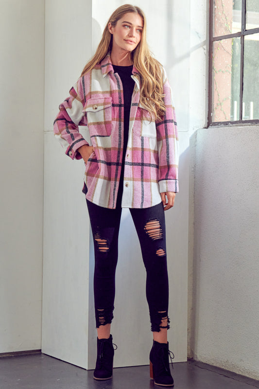 COZY PLAID PATTERN BUTTON DOWN SHACKET